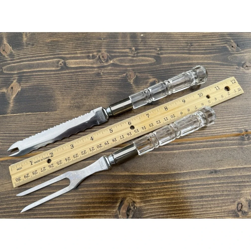 Vintage Lucite Carving Set Serrated Knife Fork MCM Acrylic Handle Japan
